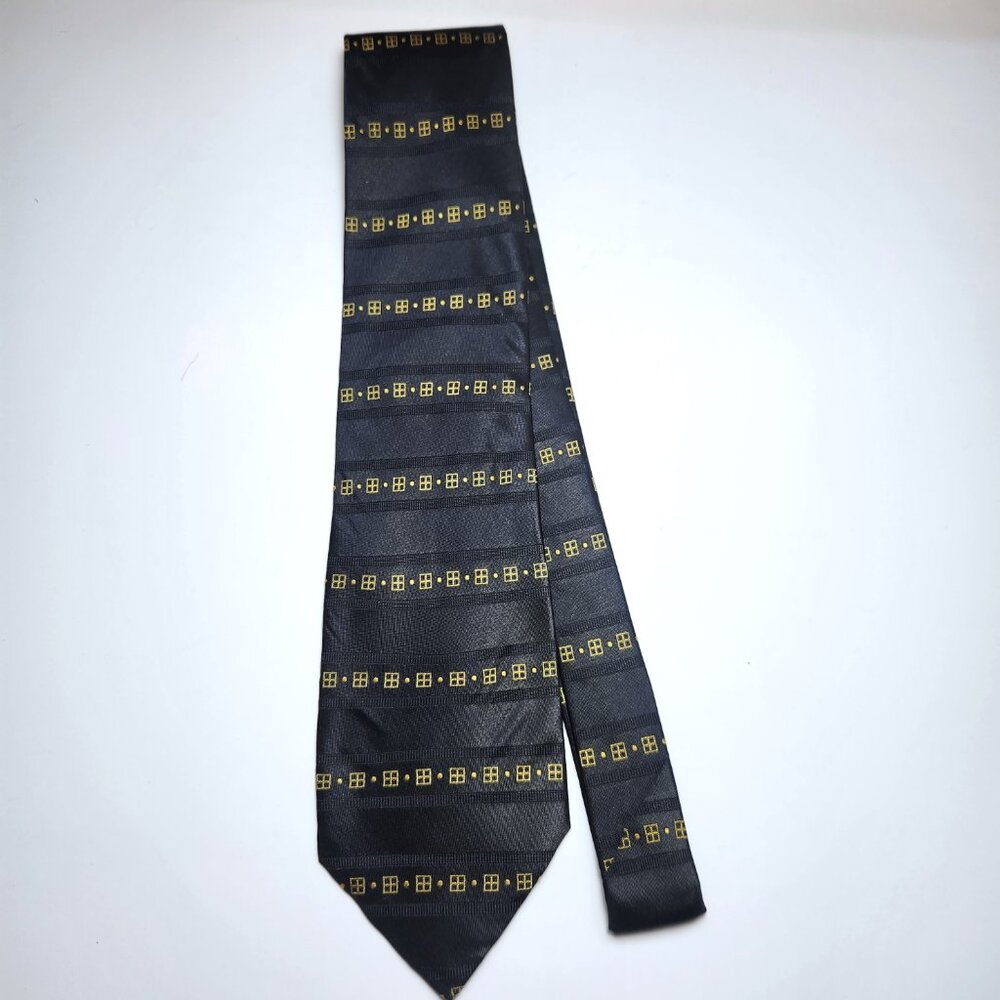 Mario Valentino Tie Men's Necktie Made in Italy 100% Silk Navy Blue with Yellow